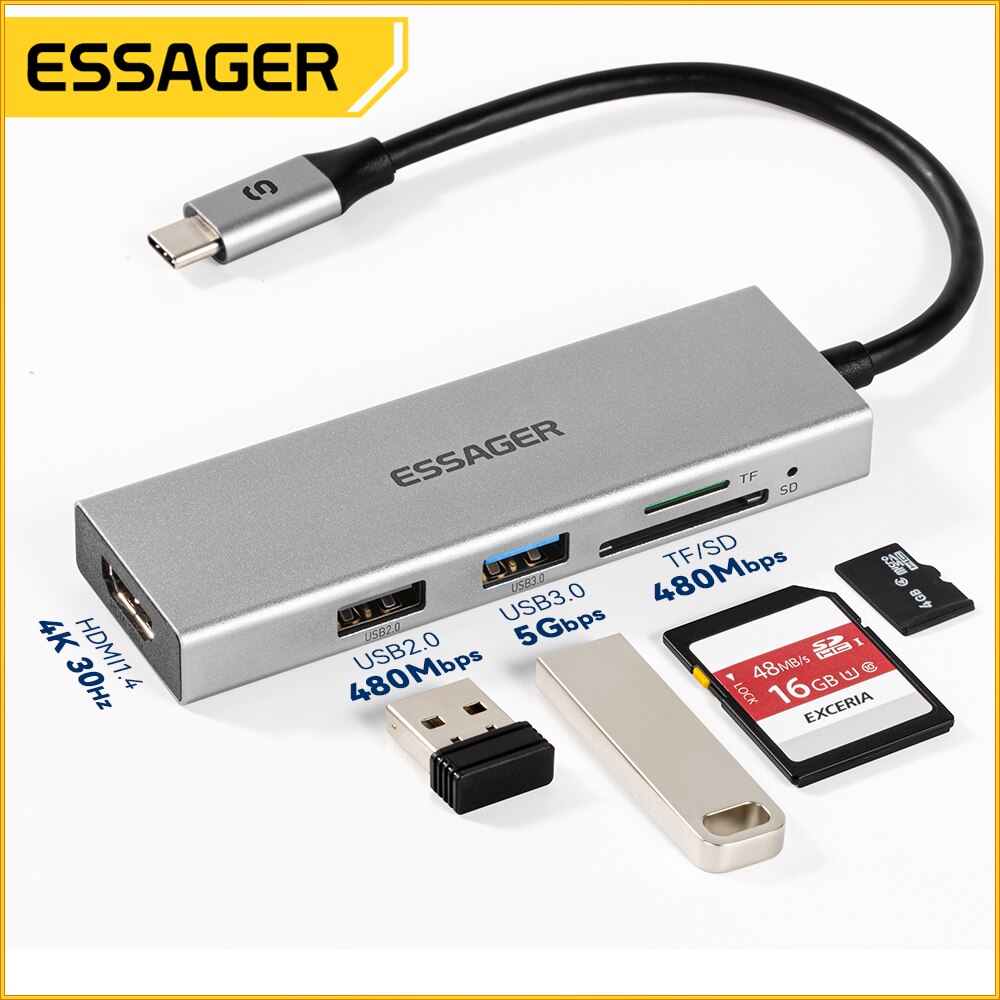 Essager 5 em 1 USB C HUB HDMI- - Usb Hub Type C avaliação e preço