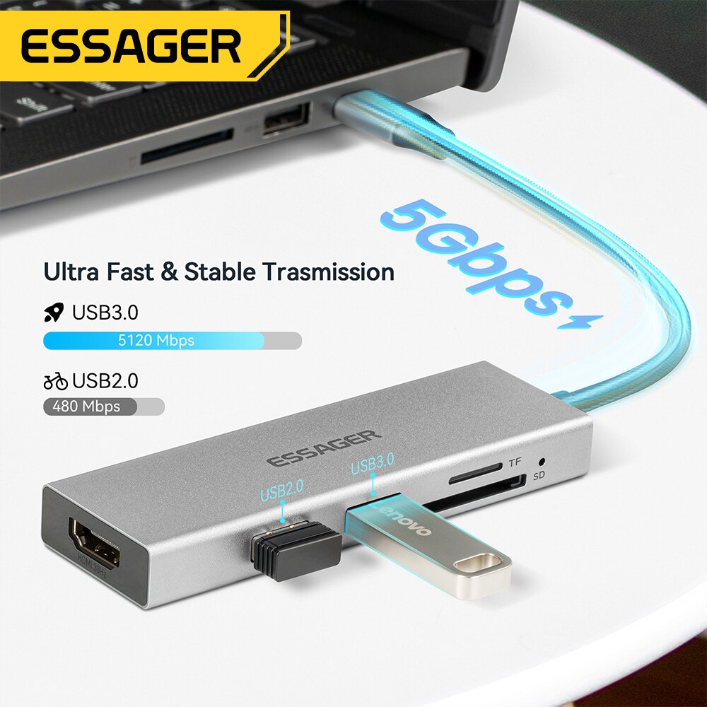 Essager 5 em 1 USB C HUB HDMI- - Usb Hub Type C avaliação e preço